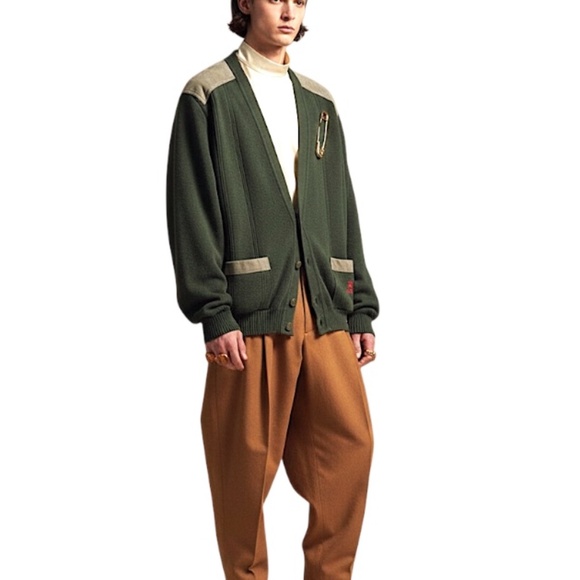 VTG 90s Burberrys dark green pure wool suede patch grandpa cardigan sweater XL - Picture 3 of 17